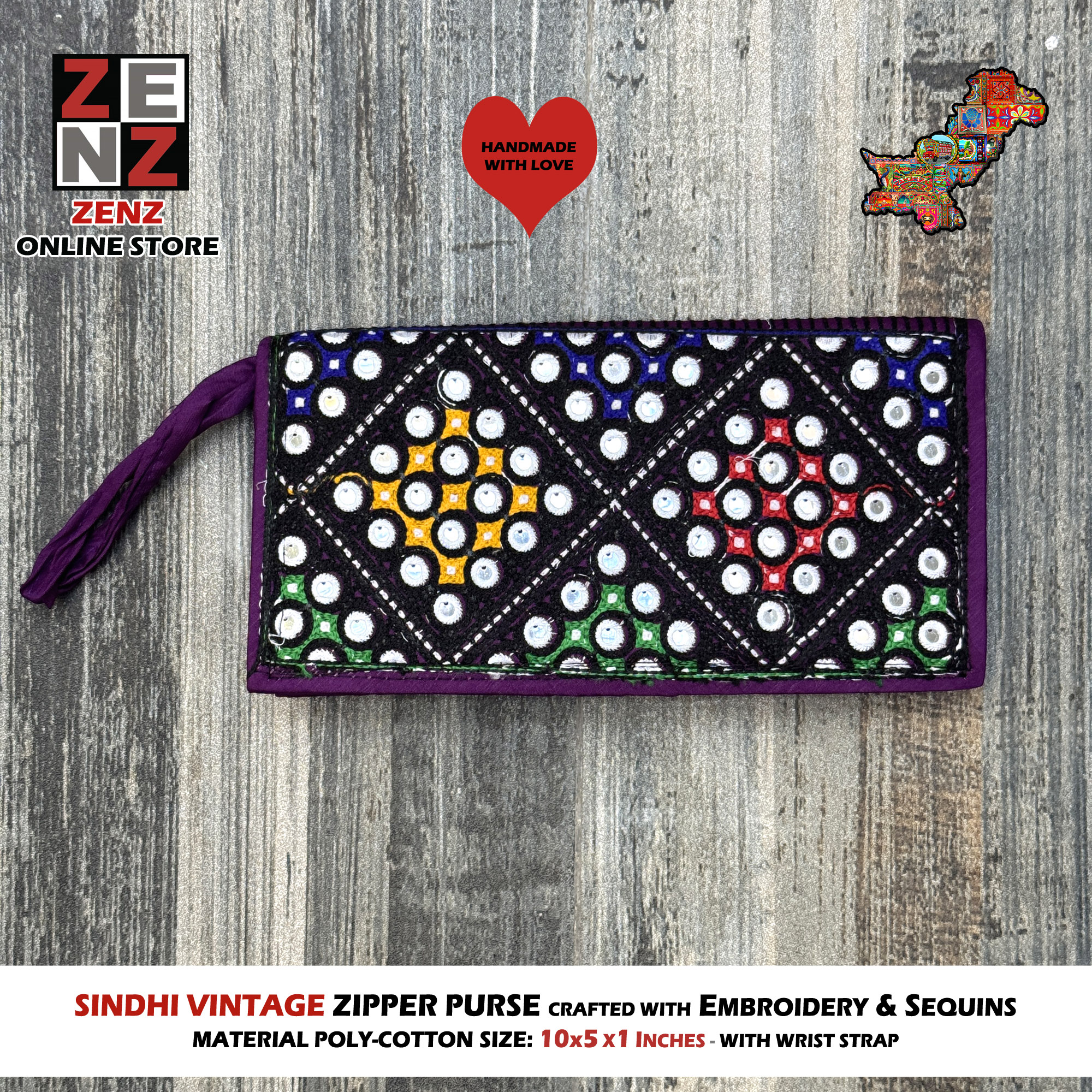 Pakistani Traditional Sindhi Multicolour Embroidered Clutch Purse - Black Poly-Cotton Zipper 10x5 Inches by ZENZ Vintage Handmade Crafts