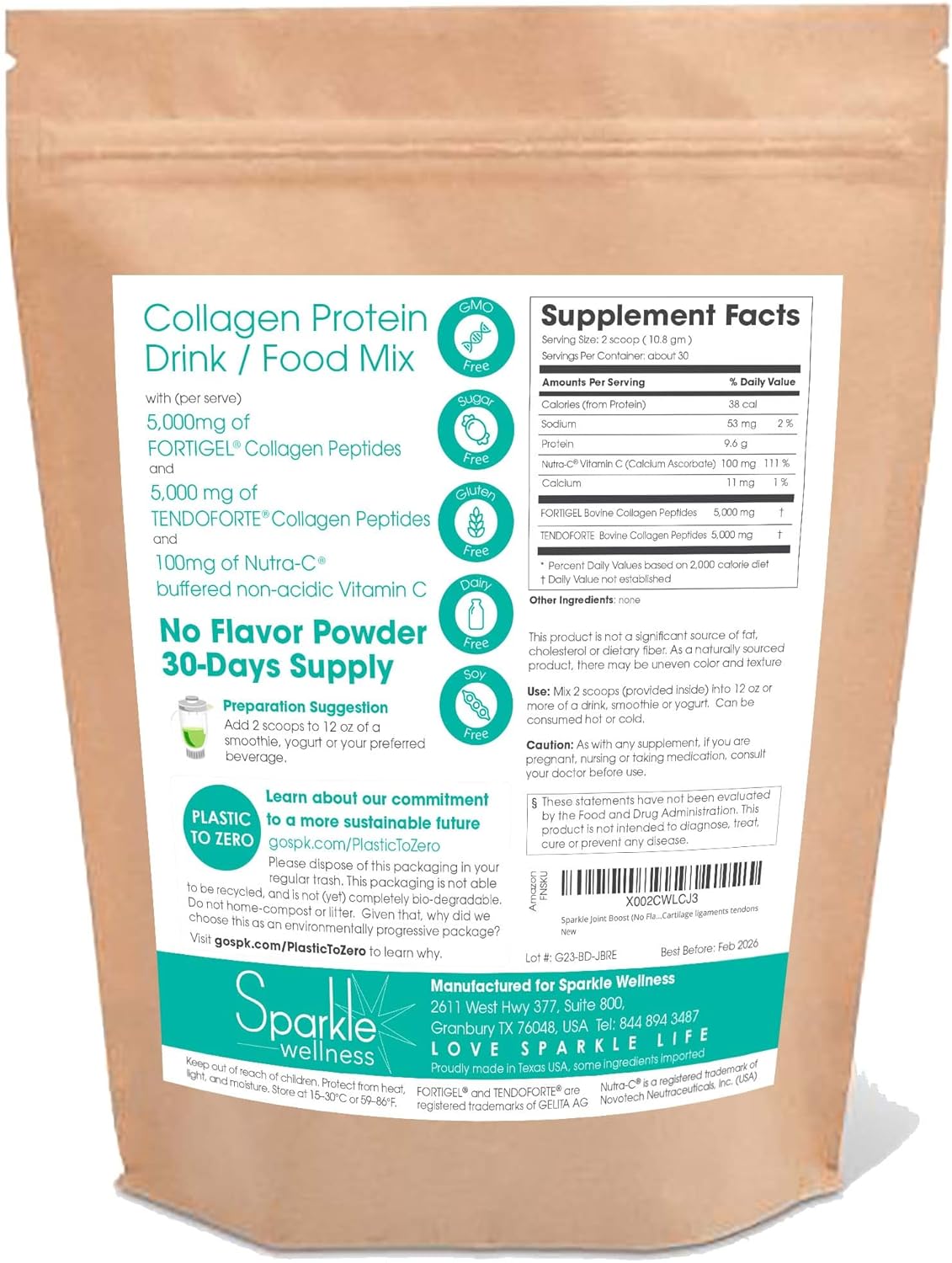 Sparkle Joint Boost (No Flavor) [30-Serves] FORTIGEL & TENDOFORTE Non-GMO Collagen Peptides Protein & Calcium Ascorbate Vitamin C Supplement, Research Based Nutrition for Cartilage ligaments tendons 323gm