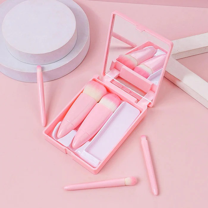 Tijarat Online 5pcs Makeup Brush Set With Mirror Blush Powder Eyeshadow Highlighter Foundation Beauty Tool -