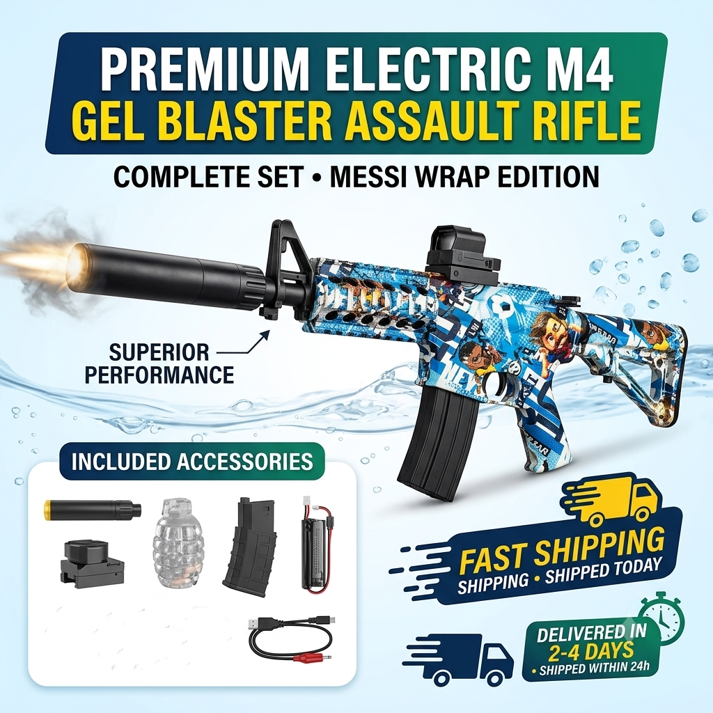 KIDDO KASTLE - Electric M416 Gel Blaster Gun Toy | Premium FIFA Stars Skin Automatic Water Gel Ball Blaster with Smoke & LED Light Effects | Rechargeable Soft Gel Ball Toy for Kids 8+ & Adults
