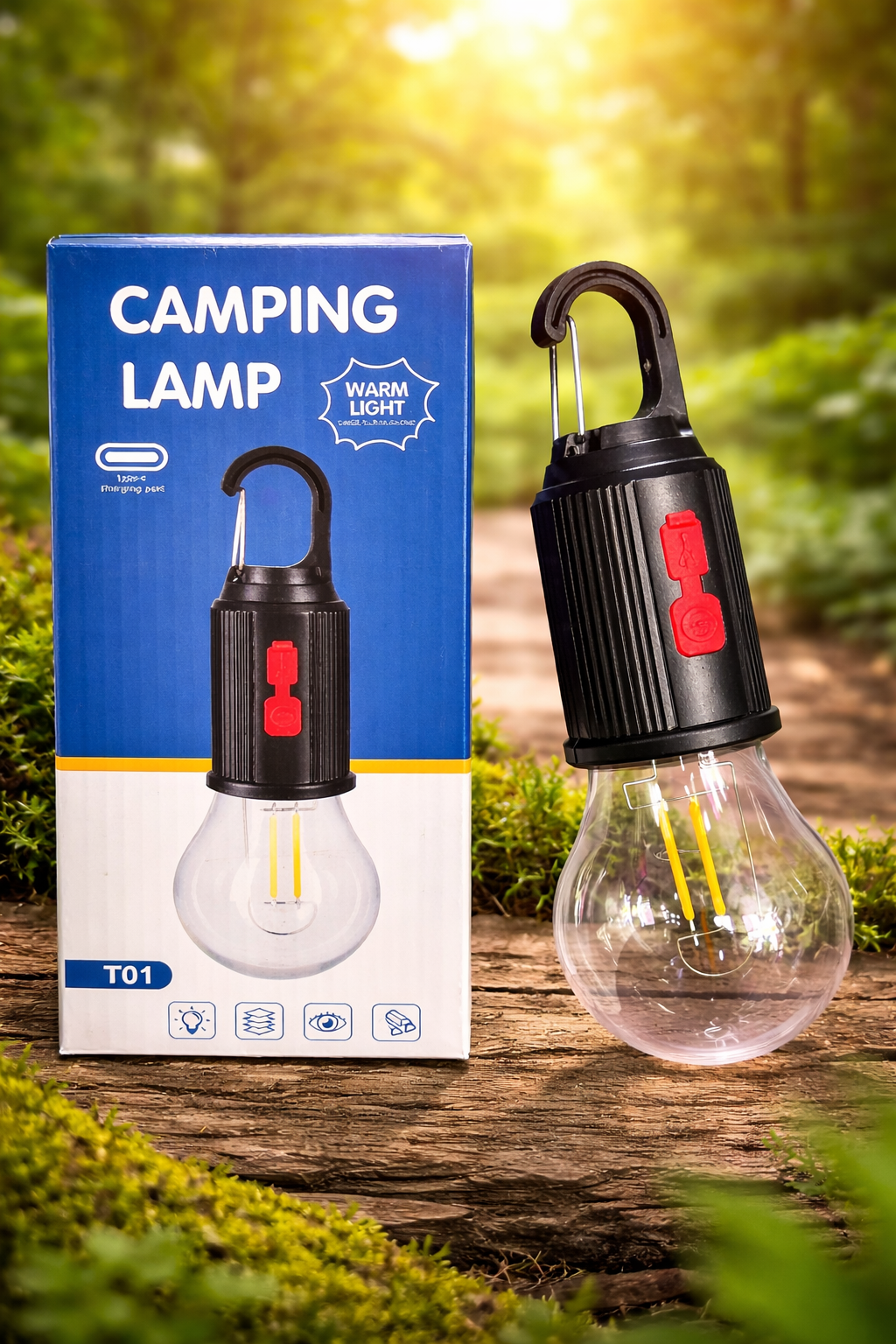 Portable LED Camping Lamp with Hook – USB Rechargeable Warm Light Emergency Bulb for Outdoor, Hiking & Home Backup