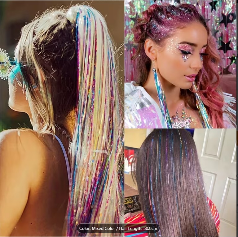 12 Colors Fairy Tinsel Hair Extensions – 2000 Strands Shiny Glitter Hair Highlights | Sparkling Festive Hairpiece for Parties,  Christmas & New Year**