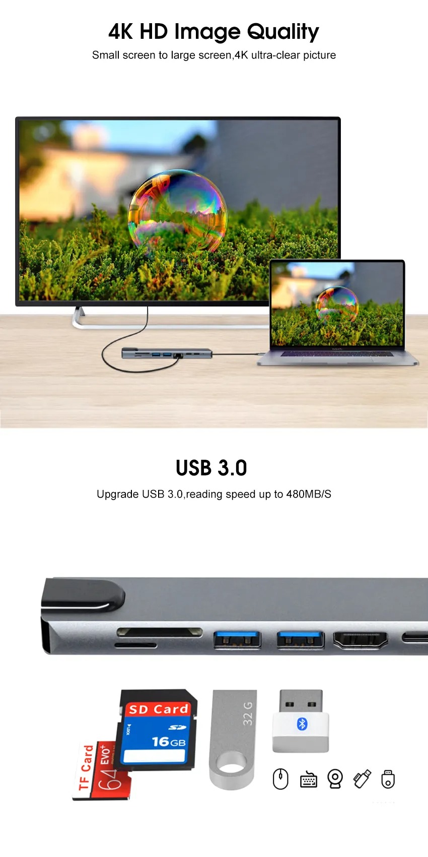 8 in 1 Multi-Port Type C to USB C 4K HDMI Adapter USB 3.0