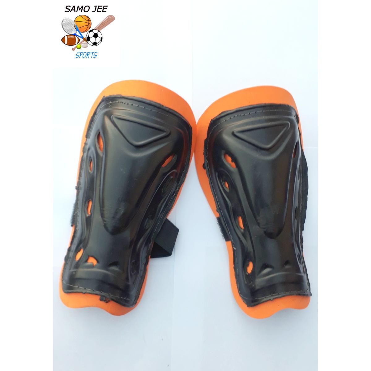 Football or Soccer Shin Guards for Adults, Youth & Kids Protective Soccer Equipment ( Orange & Blue, Yellow Pad) 1 Pair