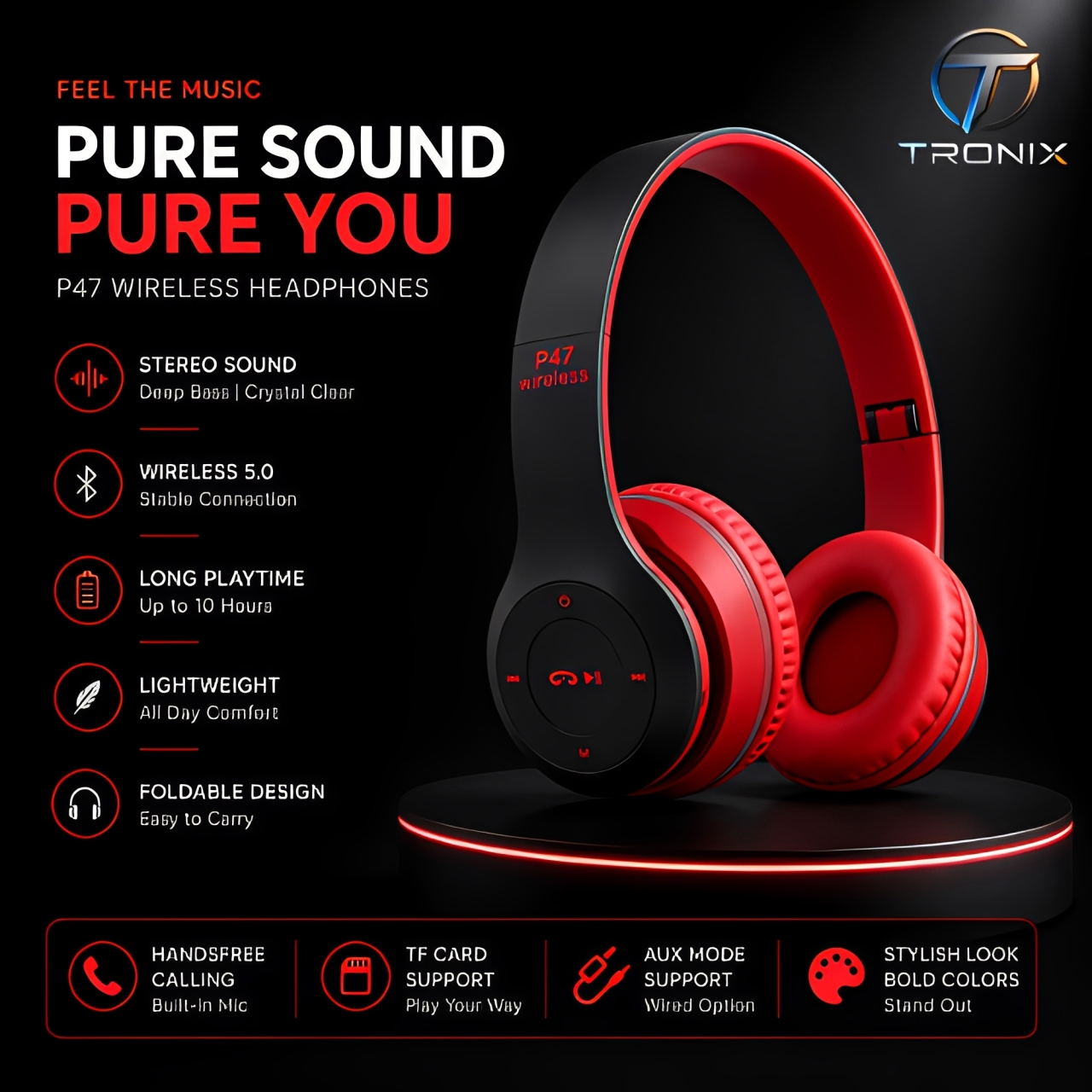 P47 Wireless Bluetooth Headphones | Foldable Over-Ear Headset | Stereo Sound | Built-in Mic | Compatible with All Bluetooth Devices.