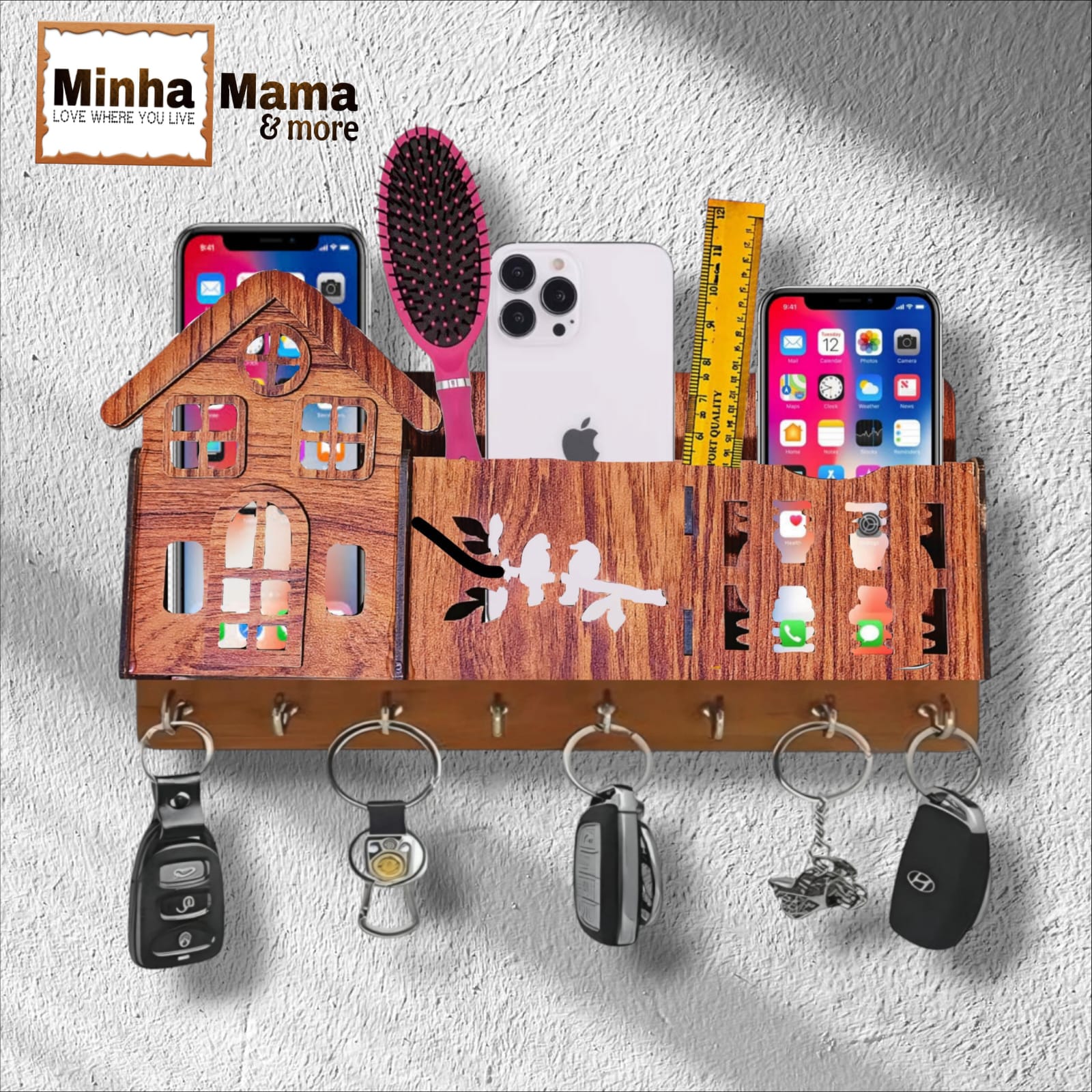 3D Home Decorative Wooden Organizer- 3D Wooden Phone Stand with Key Hooks - 3D Wooden Mobile Stand for 3 Phones - Wooden Holder for Phone, Keys, and Accessories - Wooden Organizer with 7 Steel hooks Tasbeeh Holder Remote Cover Rack Mobile Charger Holder