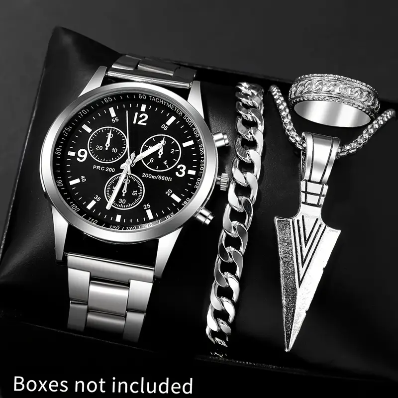 4pcs/set Men's multifunctional quartz watch, with fashionable stainless steel strap & bracelet, necklace, ring set, round alloy case, electronic movement