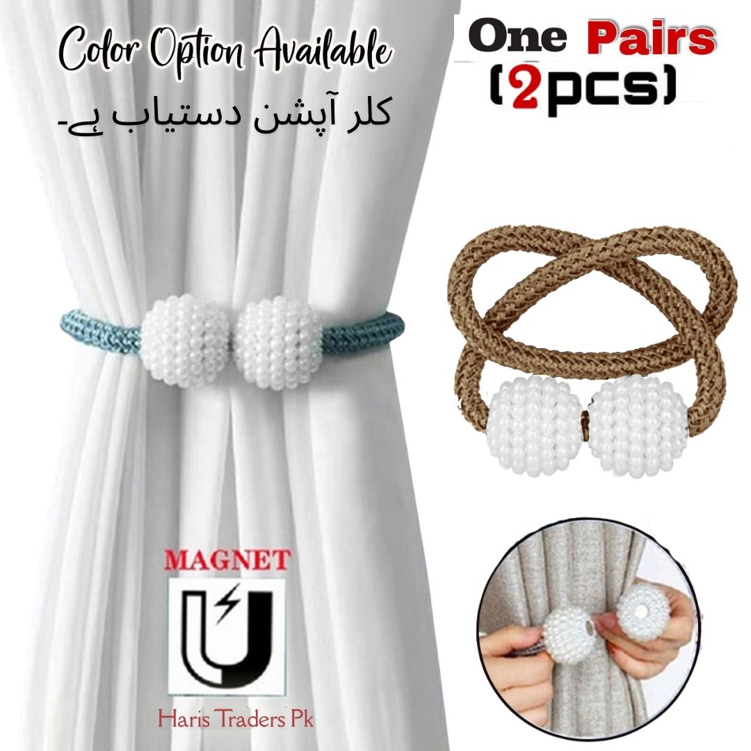 2 PCS Pearl  Magnetic Ball Curtain Buckle Magnetic Curtain Tiebacks Convenient Drape Tie European Style Decorative Weave Rope Curtain Rings & Buckles Holder for Window Sheer Blackout Draperies, Parday