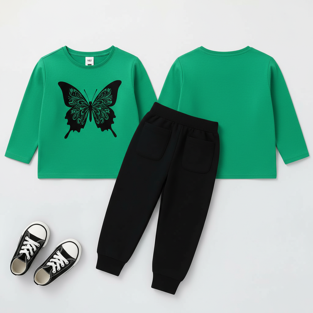 Summer Butterfly Print Kids Tracksuit – Full Sleeve Top & Trouser Set