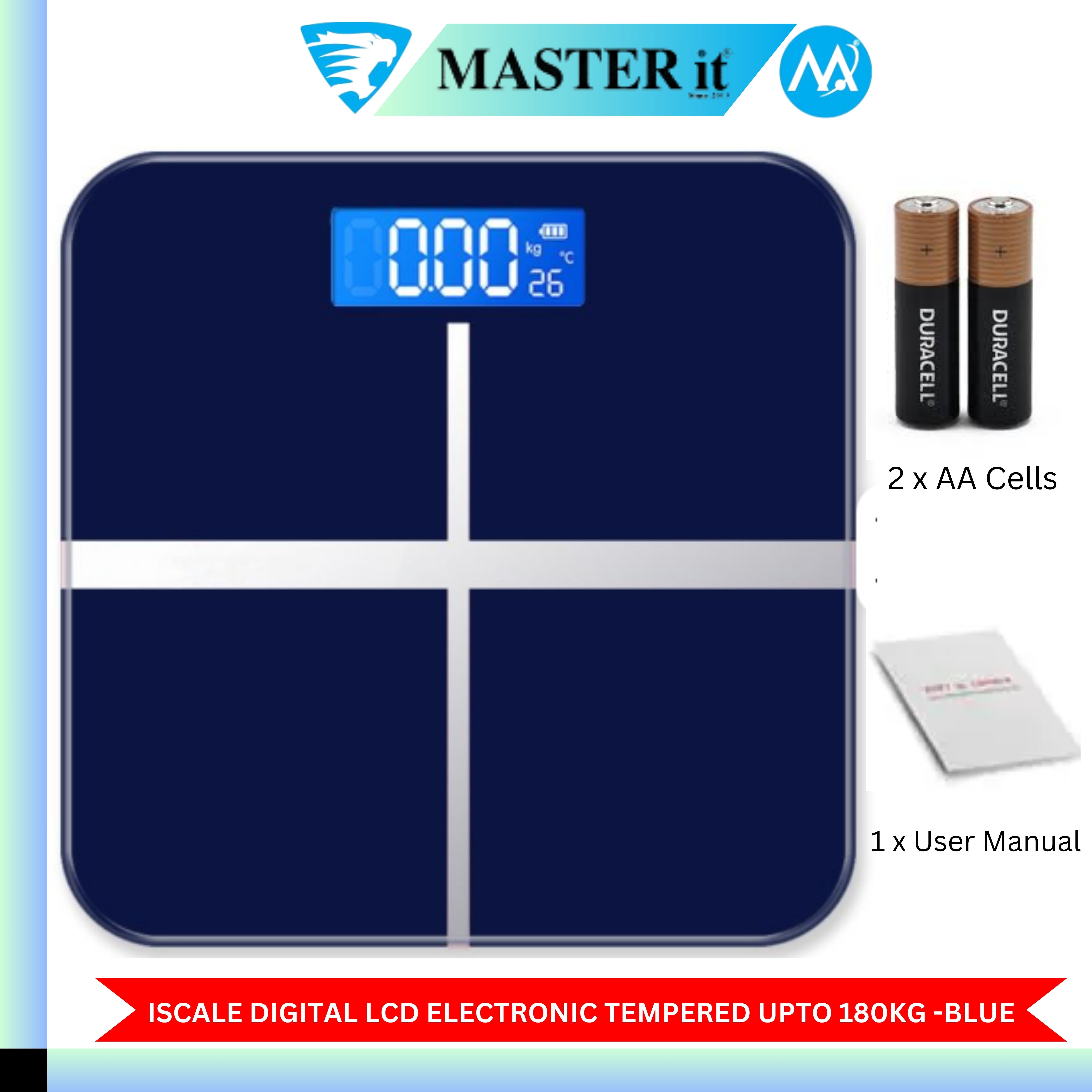 Upto 180kg iScale Rechargeable Weight Machine - 8mm Tempered Glass - Digital Heavy Duty Electronic Weighing Scale with Dual LED Display - Heavy Electric Weight Machine With Durable Steel Quality - For Home & Personal Use - Black//Blue/Silver