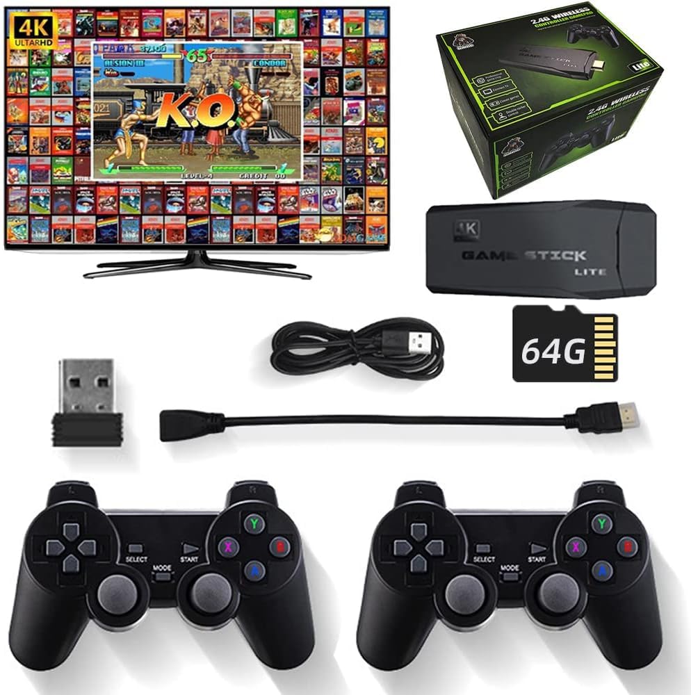 2.4G Wireless Controller Game Stick With 64gb Tf Card Plug and Play Video Game Stick Built in 10000+ Games, 4K High Definition HDMI Output with Two Game Controllers