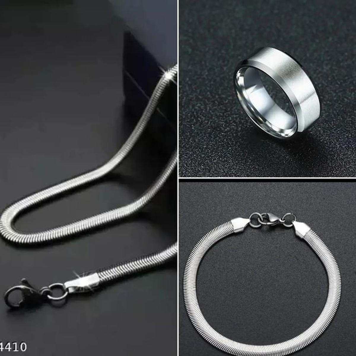 Pack of 3 Silver Stainless Steel Snake Chain Snake Bracelet and Silver ring.