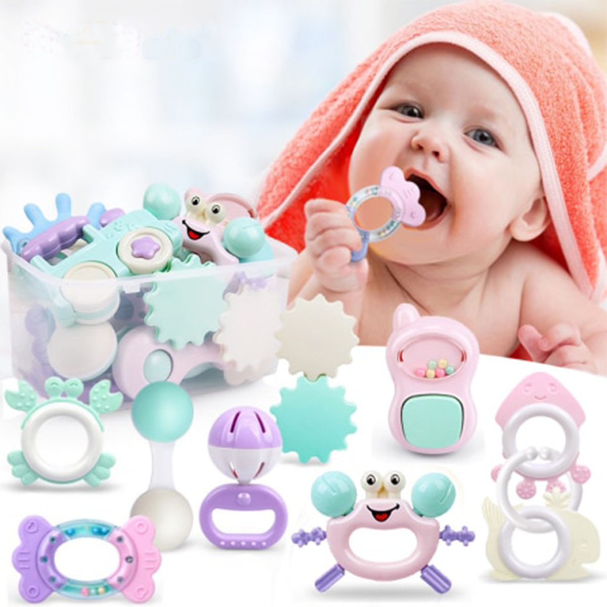 08-pcs Baby Rattles Toys New-born Hand Bells Baby Toys 0-12 Months Teething safe Development Infant Early Educational Baby Rattles