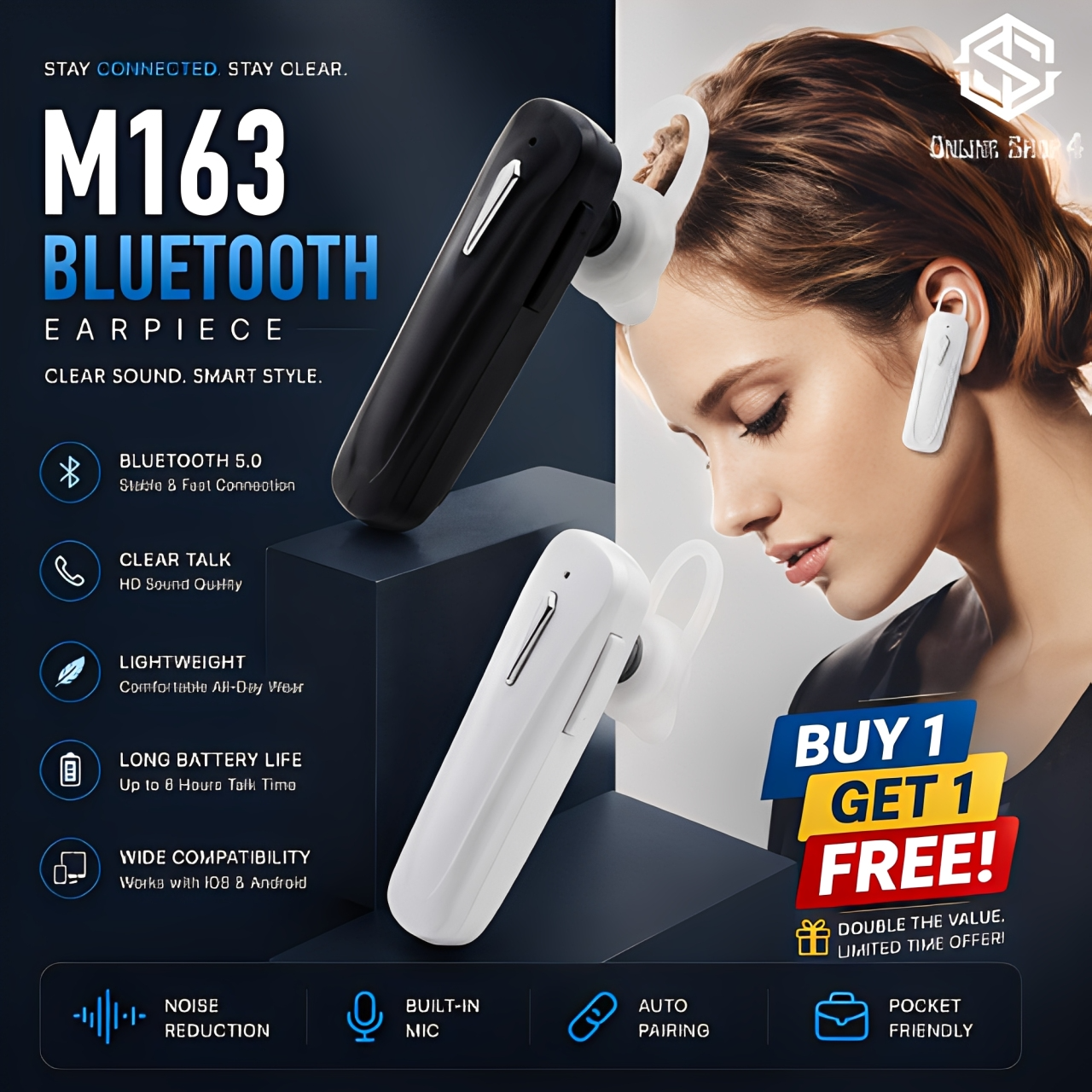 Buy 1 Get 1 Free | M163 Wireless Bluetooth | Single Earbud In-Ear Headset | Handsfree for Calls & Music |Compatible With All Bluetooth Devices.