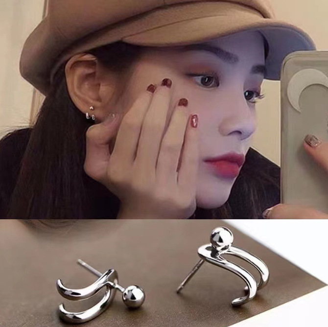 Earings For Girls Korean Earings For Girls Stylish Ear Studs Fashion double-line light bead earrings women's back-hanging C-shaped earrings price in Pakistan