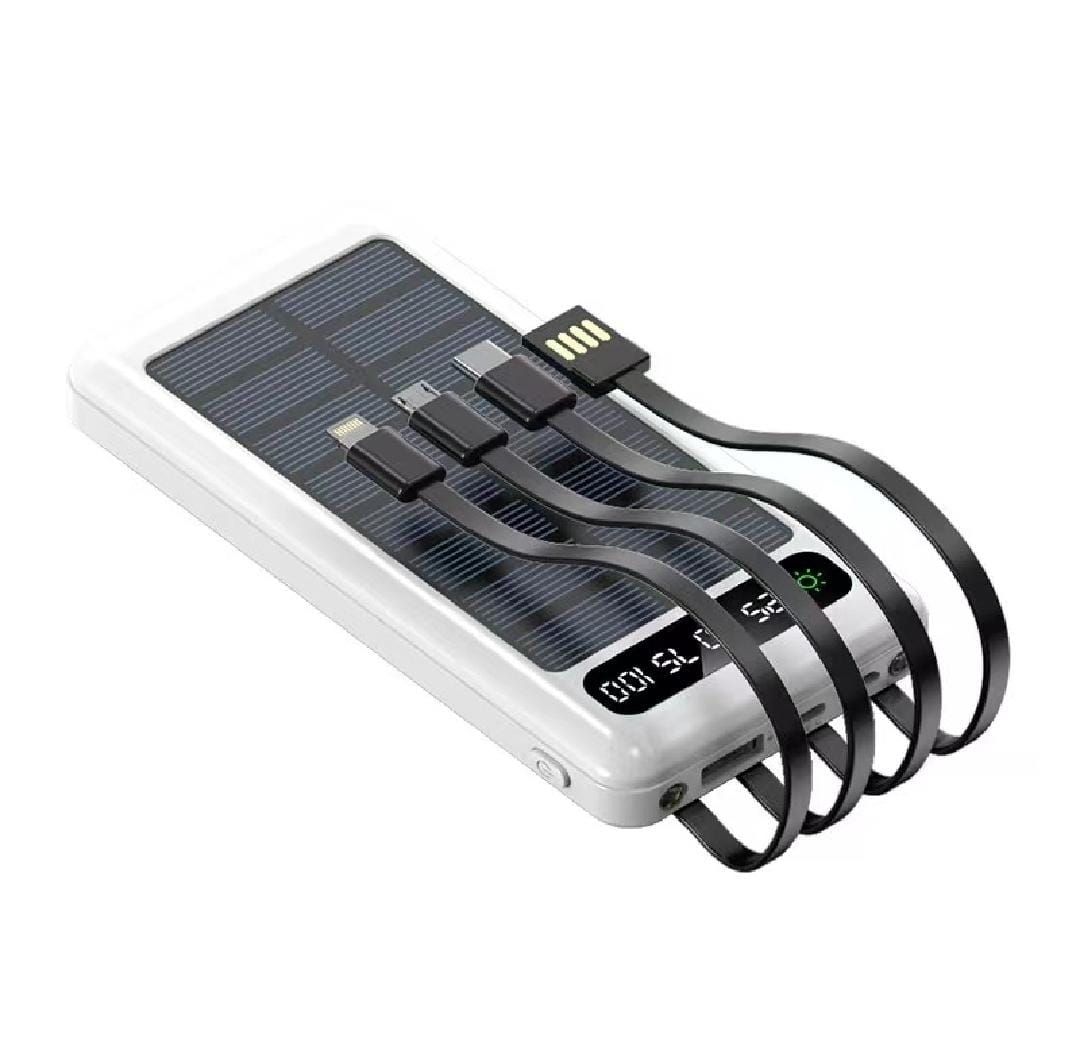 10000mAh Solar Power Bank Fast Charger - Universal Portable External Battery Pack With 4 Built-In Cables & LED Flashlight for All Phones