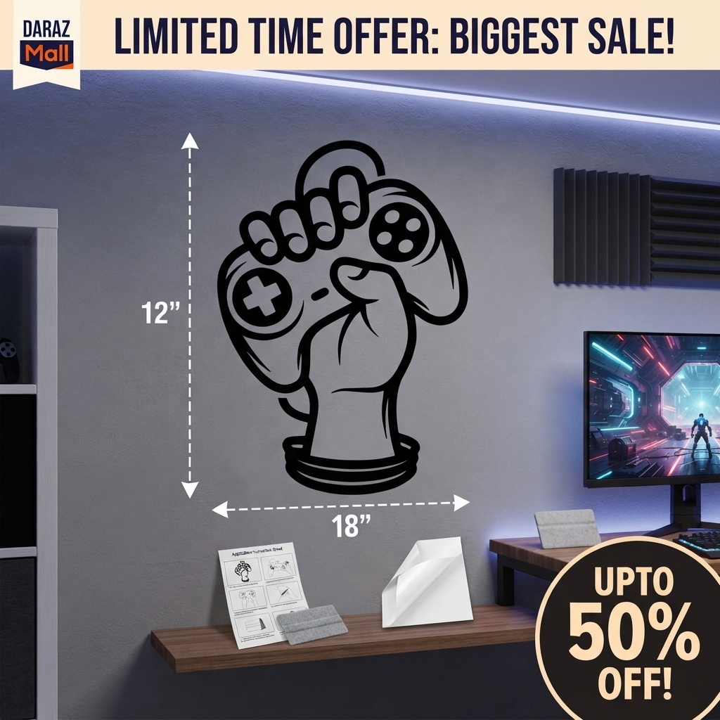 Gamer Hand with Console Wall Sticker PVC Vinyl Decal | Gaming Controller Wall Art | Gamer Room Bedroom Setup Decor | 12 x 18 Inch