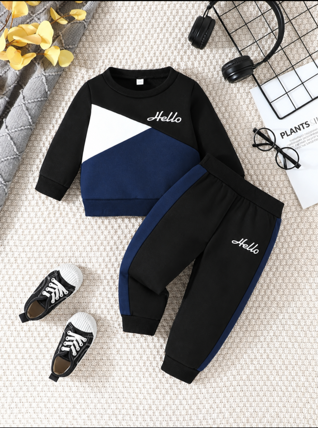 Boys Winter/Spring Casual Long Sleeve Printed Patchwork Round Neck Top And Pants Set