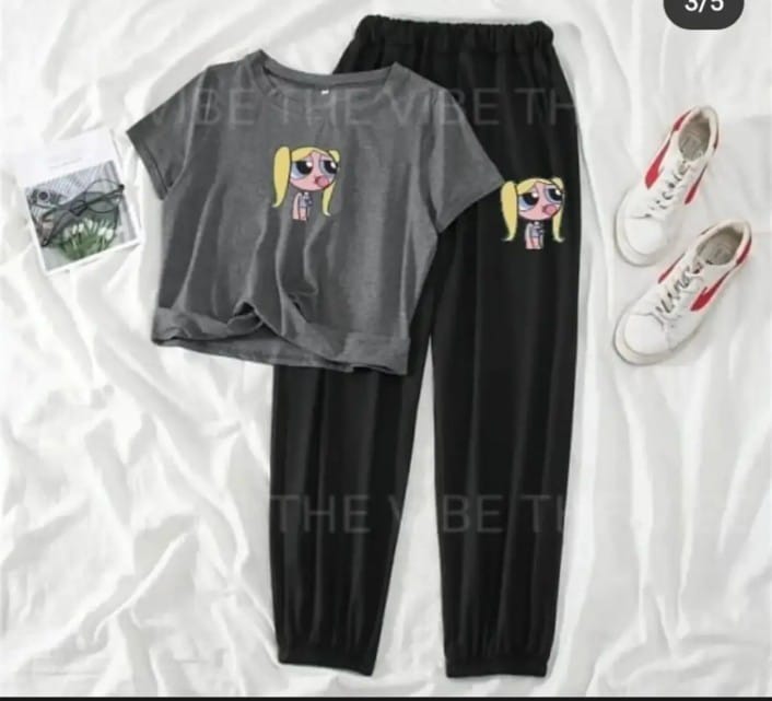 Trendy Famous Catoon Power Puff Girls Tracksuit for Women & Girls Gym Wear printed Crop Top half Sleeve T-Shirt & Trouser for Summer Collection Elegant Wear