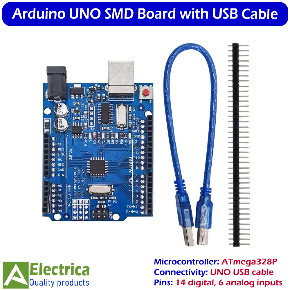 Arduino UNO R3 SMD Edition with USB Cable | ATmega328P Microcontroller Development Board for Robotics, IoT & DIY Projects by Electrica