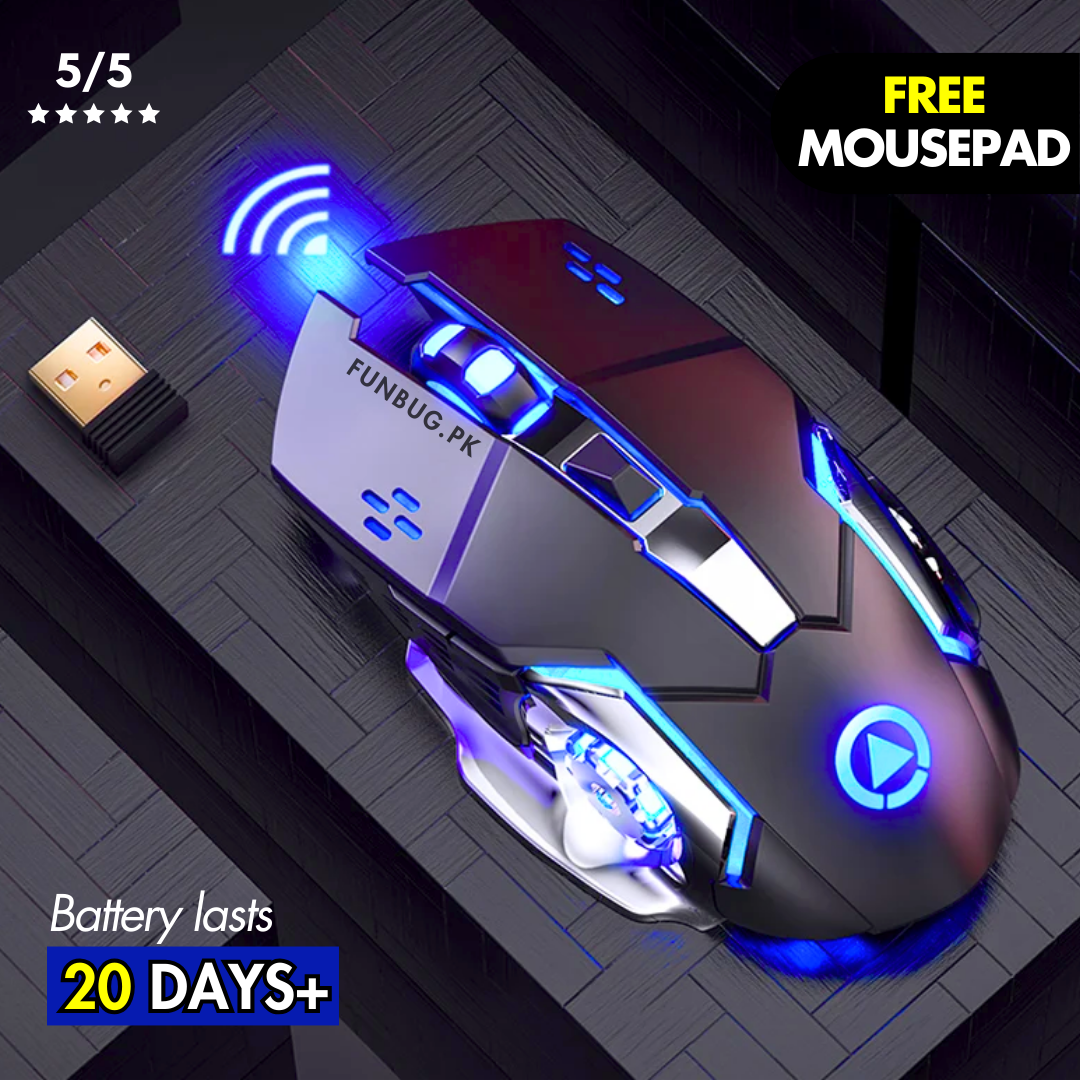 FunBug Wireless Gaming Mouse RGB with 6 Buttons & 3-Levels DPI Control - Breathing LED Light 2.4G Optical Wireless Mouse with MousePad & Side Buttons for Girls PC, Gaming, Laptop, Pubg, Mobile, Pad, OS, Windows - By FunBug
