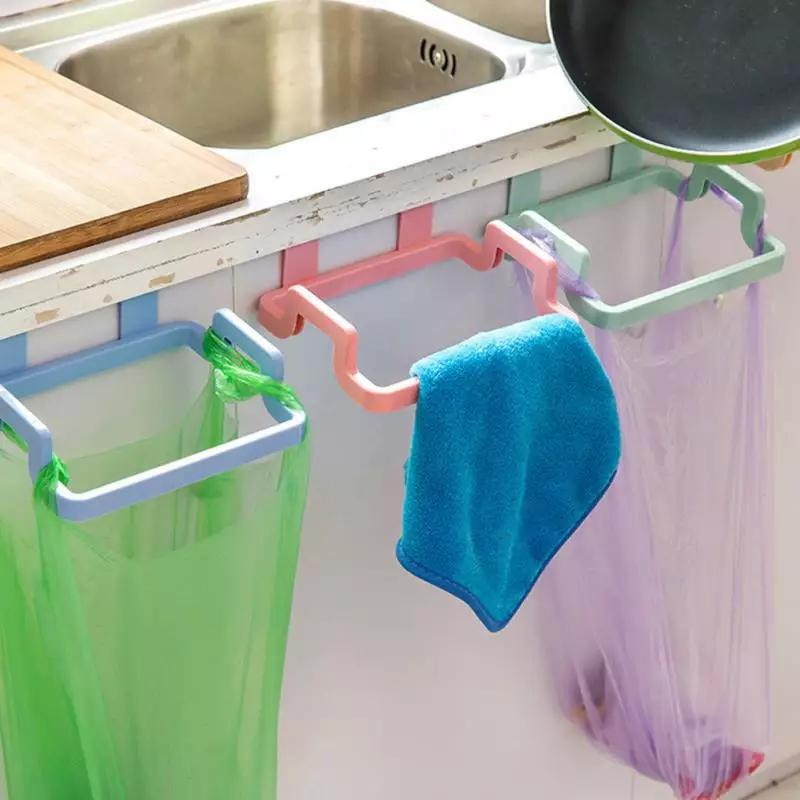 Kitchen Plastic Garbage Bag Rack Holder Cupboard Door Back Hanging Trash Rubbish Bag Storage Shelf Tools