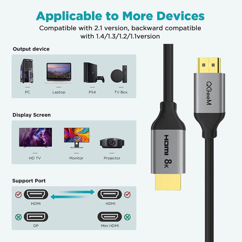 8k HDMI Cable QGEEM HDMI 2.1 8K@60HZ@4K@120HZ, 48GBPS HIGH-SPEED HDMI CORD,COMPATIBLE FOR PC HDTV PROJECTOR LARGE DISPLAY, MALE-TO-MALE 8k ultra HD Cable 6 ,10FT length