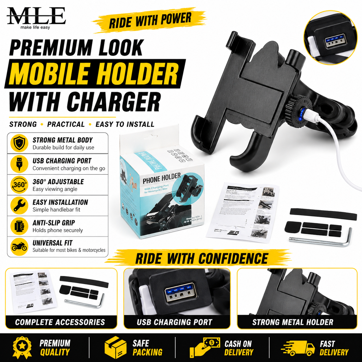 Metal Bike Mobile Holder with USB Charger | Heavy Duty Motorcycle Phone Holder | Universal Handle Bar Mount All Phones Mobile Holder Adjustable Mobile Holder Riding Mobile Holder  Long Ride Mobile Holder