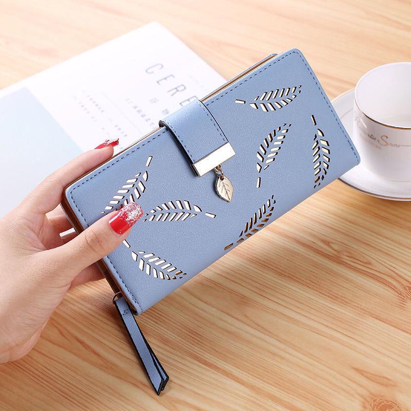 Women’s Zip & Button Closure Long Wallet with Decorative Leaf Pendant