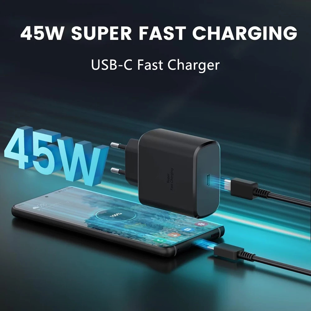 Original Samsung 45W 2.0 Super Fast Charger with Type C to Type C Cable (Global Certified Charger) Pd Charger For all Mobile Phone S24+, S8 Ultra, Note20 Ultra,S24 Ultra, Note10 Plus, S22 ultra Galaxy S10 / S10E / S10+
