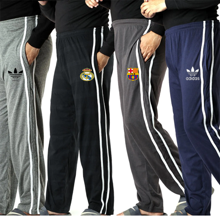 Pack Of 3 Random Logo Printed Soft Jersey Fabric Multicolors Free Size Upto 40 Waist Trousers For Men - Best Summer / Casual / Nightwear / Loungewear Trousers Pack