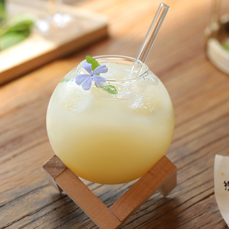 Cocktail Glass Cup With Wood Stand Creative Bar Glassware Drink Ronud Ball Mug Fruit Moon Juice Tumbler