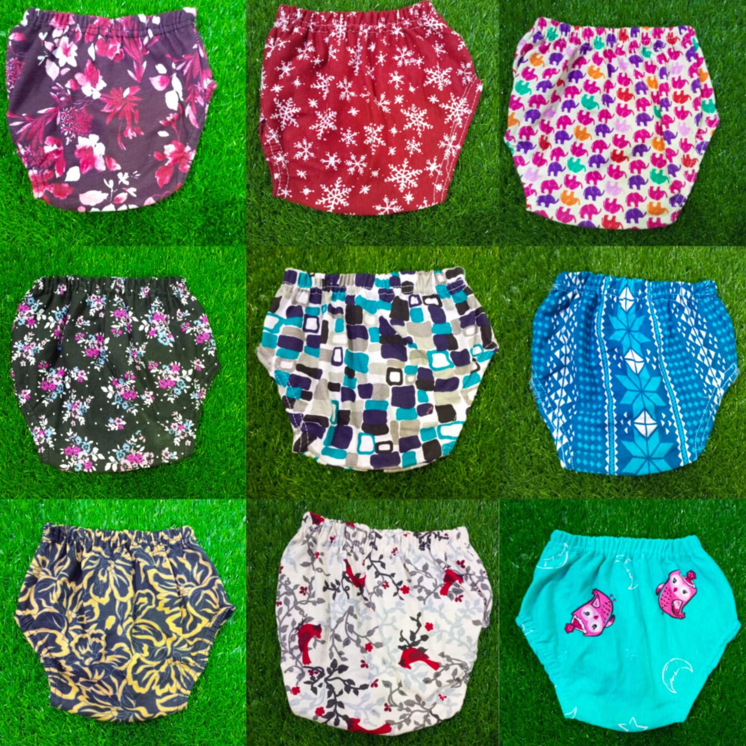 Pack of 12 Soft Cotton Chaddi Diaper Cover Panties with Elastic Waist and Leg in Multiprints and white prints
