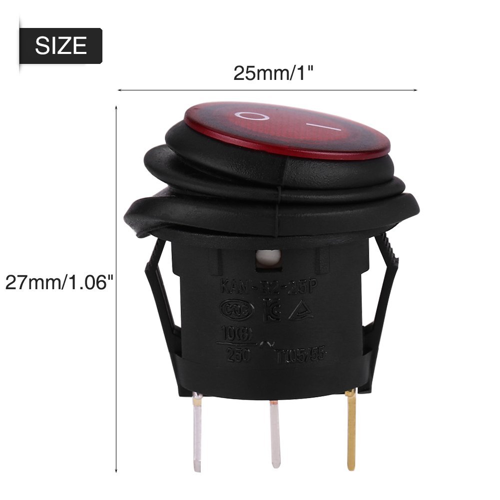 2PCS 12V 3Pin Red LED Rocker Switches, Round Button Rocker Toggle Switch OnOff SPDT Snap Waterproof for Car Auto Boat Truck