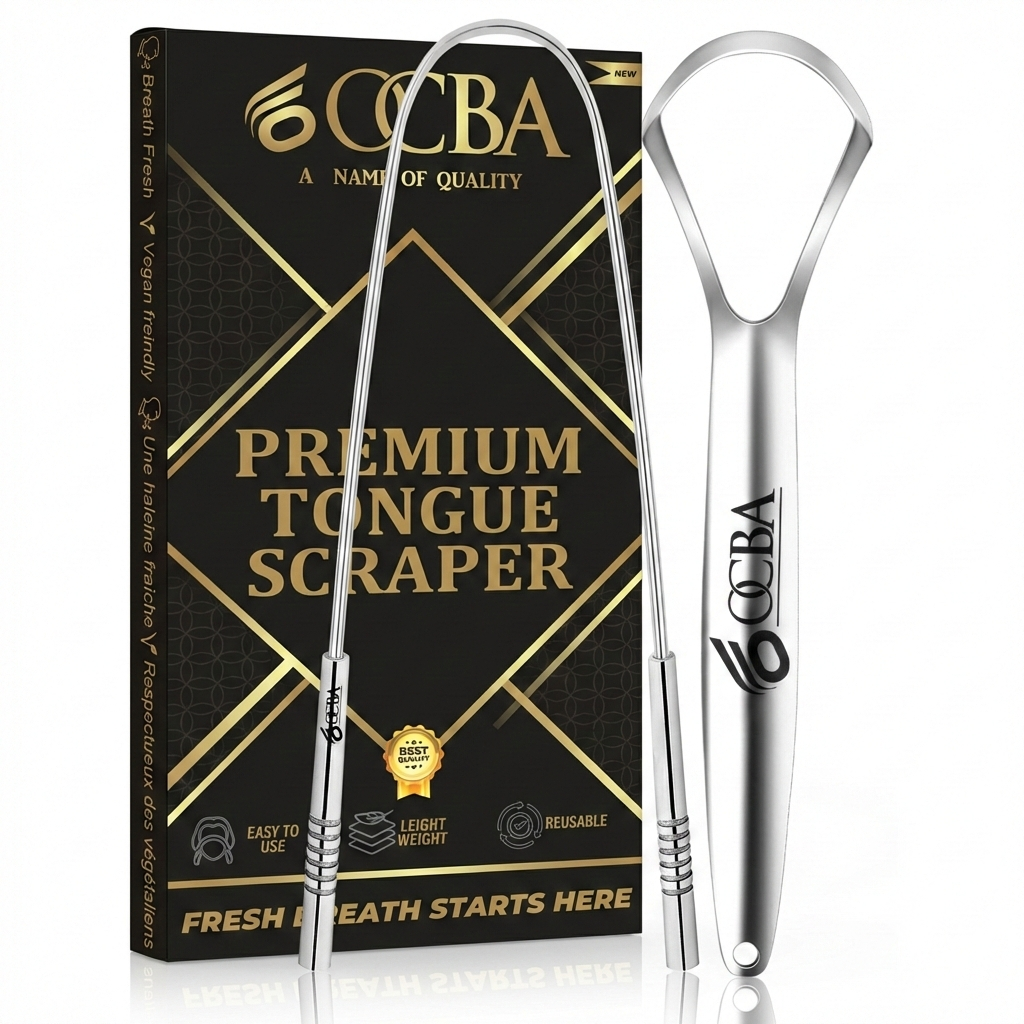 OCBA Tongue Scraper Stainless Steel Tongue Cleaner Bad Breath Treatment Restore Fresh Breath Improve Taste and Oral Health Suitable for Men & Women Personal Hygiene