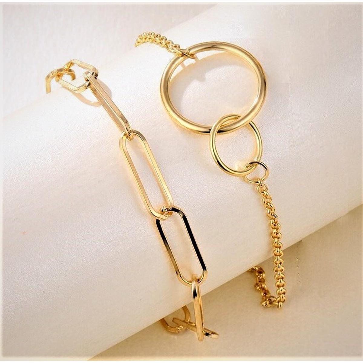 2Pcs/Set Vintage Bohemian Chain for Women Girls Chunky Chain Double Ring Pendant Bracelet Jewelry