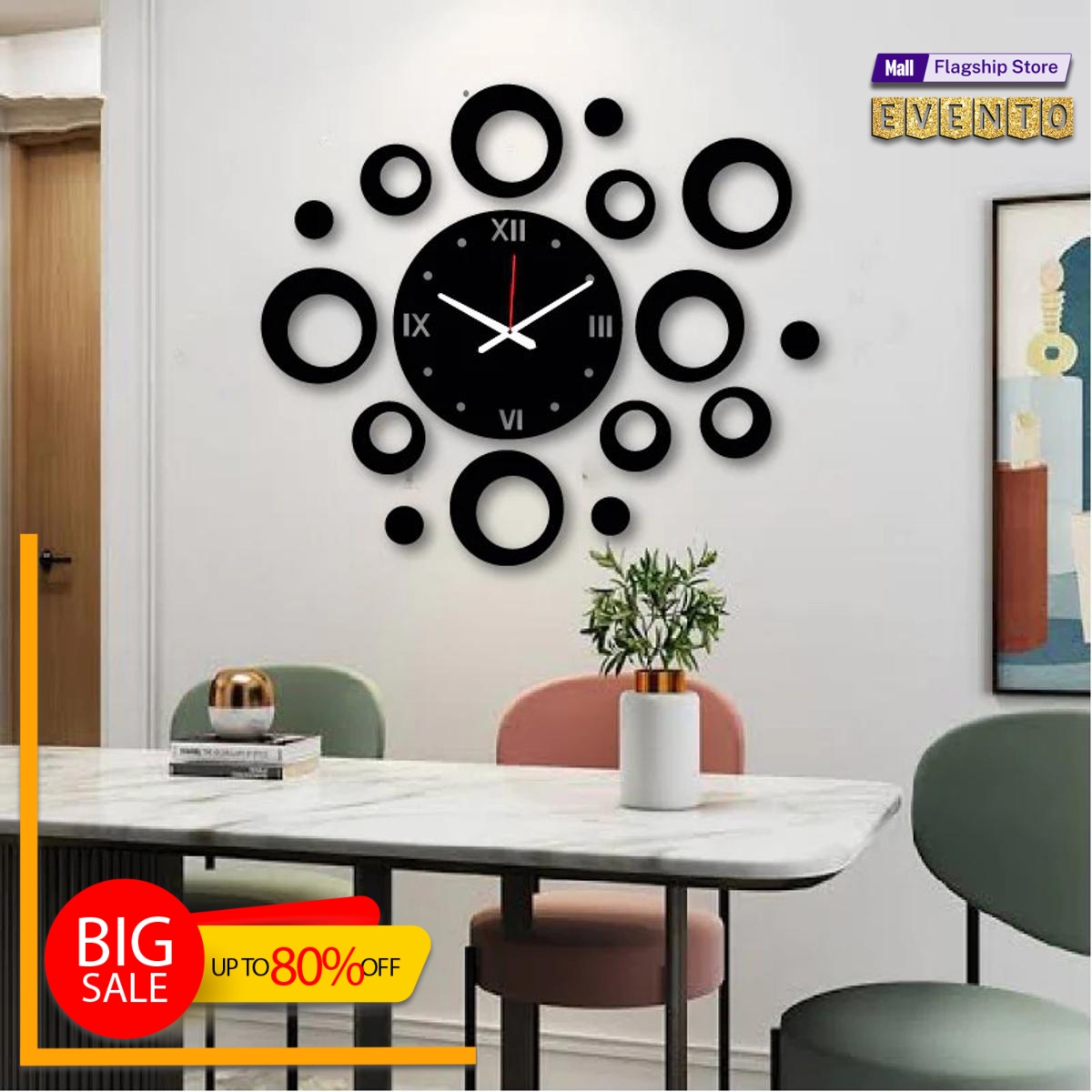 EVENTO Circles Style 3D Wooden Wall Clock Quartz Watch DIY Design