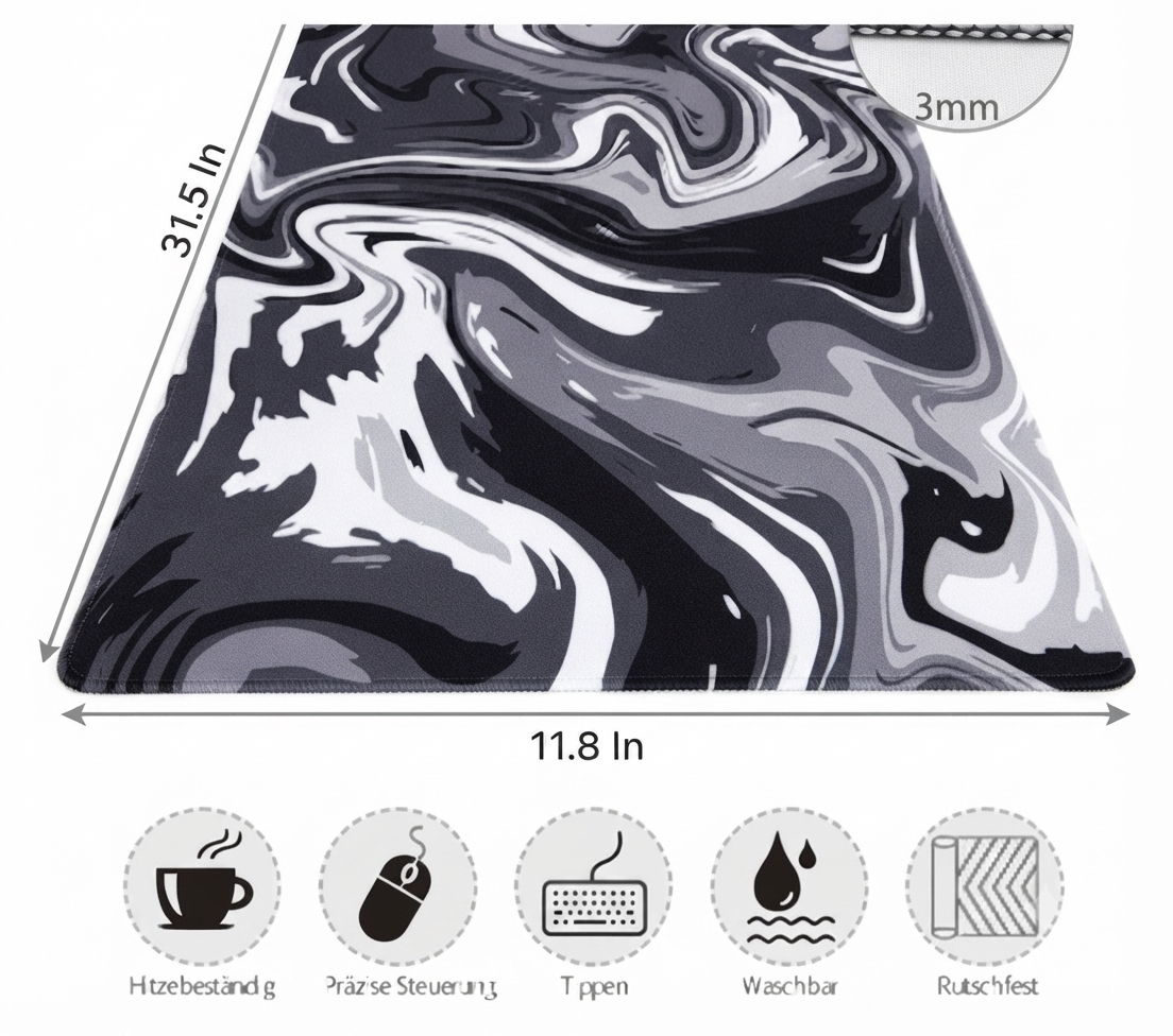 Large Extended Gaming Mouse Pad – Desk Mat with Abstract Red, Black & White Marble Design