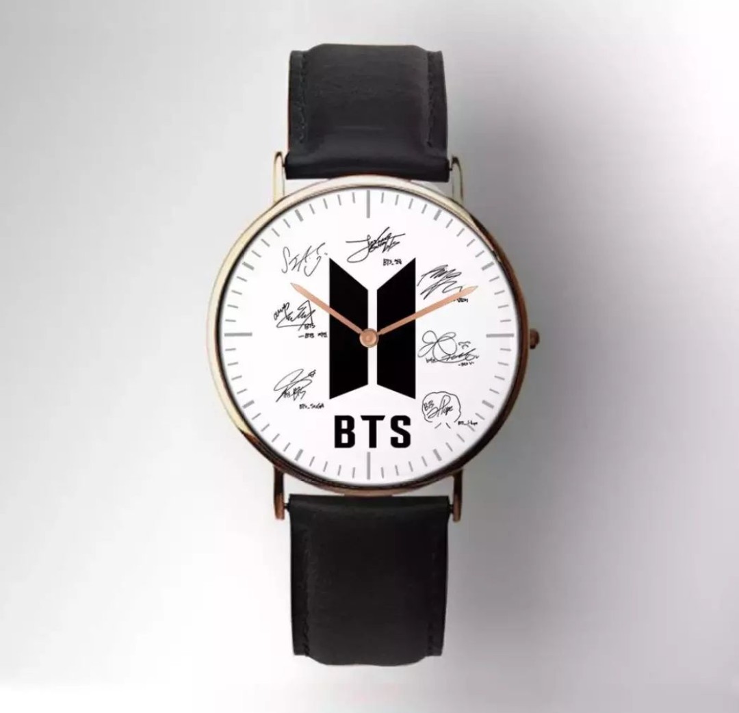 BTS Signature Round Dial Quartz Watch with Black Leather Strap for Women
