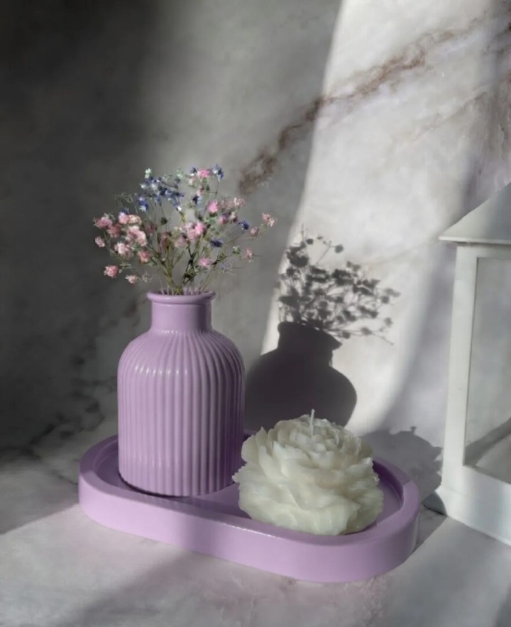 Set of 3 Mini Flower Vase Oval Tray & Peony Rose Candle Is Best for Home Decor, Modern Minimalist Home Decorative Set