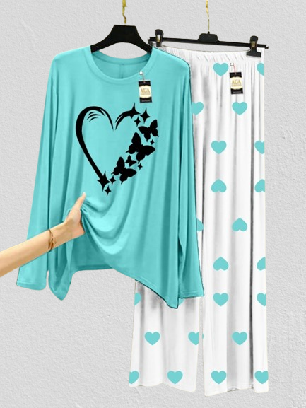 Multi Women Heart and Butterfly Printed Nightwear Set with Multi Heart And Butterfly Printed Trousers – Women's Lounge Wear