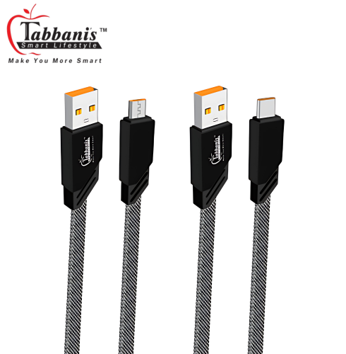 TABBANI'S METAL FLAT COPPER WIRE CABLE - UPTO 66W FAST CHARGING - DATA TRANSFER CABLE - 8600/ TYPE'C' CONNECTOR - CA-102/CA-202 - FLAT BRAIDED WIRE - 1.2 METER LENGTH - data cable for android fast charging