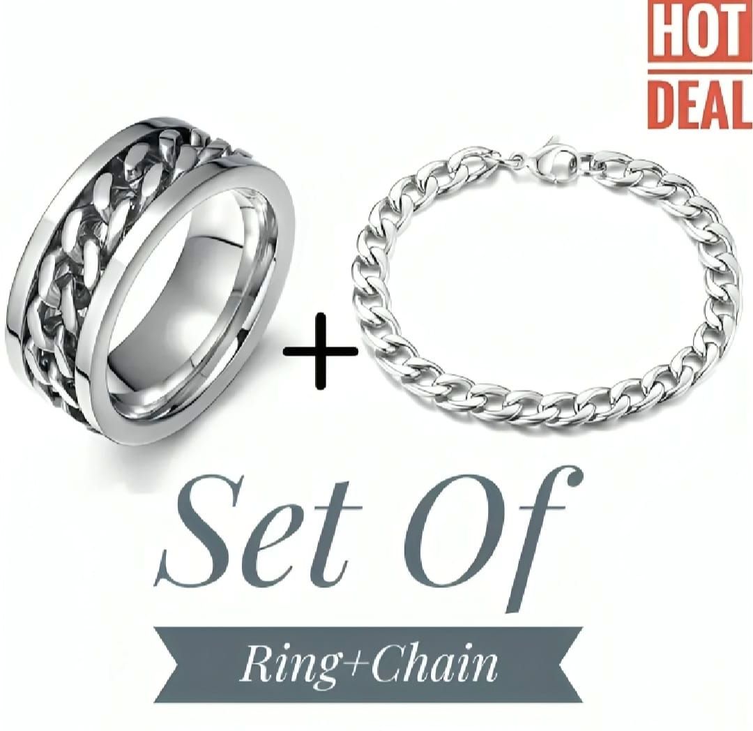 Pack Of 2 Hot Deal Set Of Spinner Ring & Cuban Link Chain For Men & Boys Jewellery Set Gift For Men