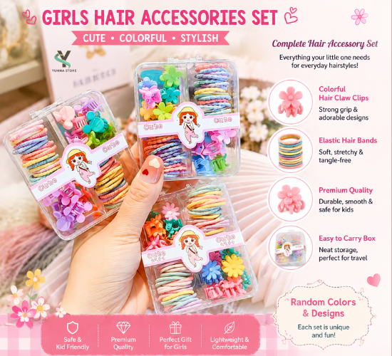 Girls Colorful Hair Claw Clips & Elastic Bands Set - Cute Cartoon & Character Design Hair Accessories(random colour & design)