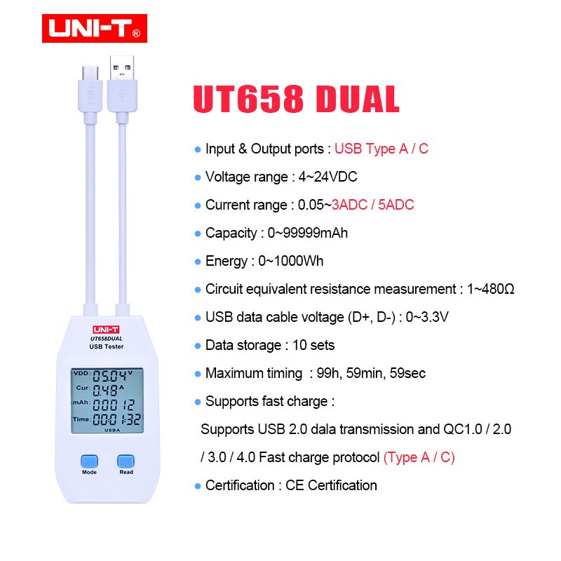 USB Tester_UNIT UT658A/C/DUAL Voltage and Current Monitors Volt Ampere
