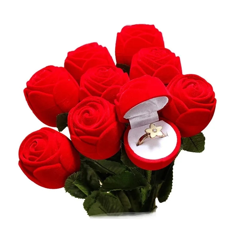 Rose Flower Ring Box Velvet Red Rose ring jewelry Box Display Holder gift Box Bridal Wedding jewelry storage box