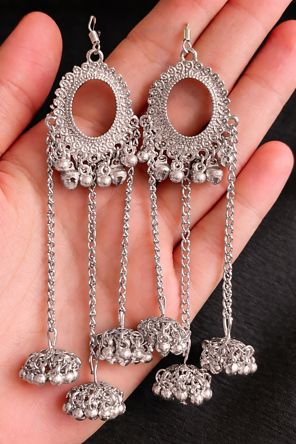 Fashion Oxidized Jhumka Earrings for Women – Long Chain Dangle with Bells