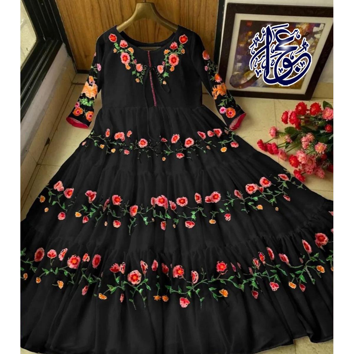 Stylish Flower Embroidered Chiffon Maxi Full Flair (Only Maxi) Paty Wear Maxi Dresses For Women