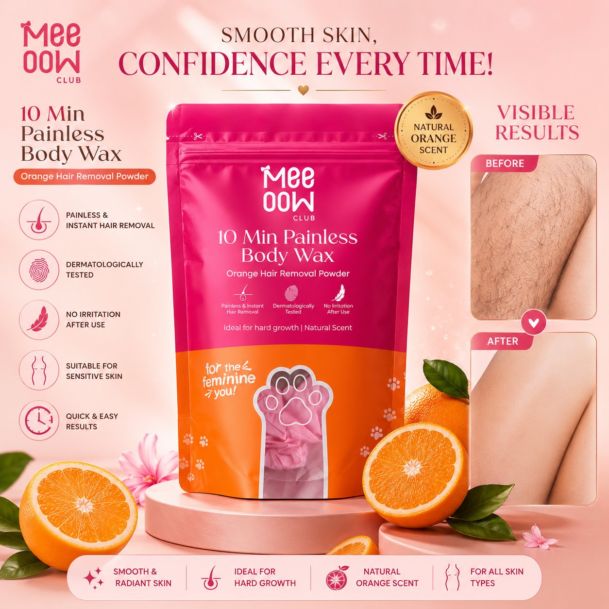 Meeoow Orange Hair Removal Wax Powder for Women | Easy Body Hair Removal Powder | Smooth & Soft Skin Care