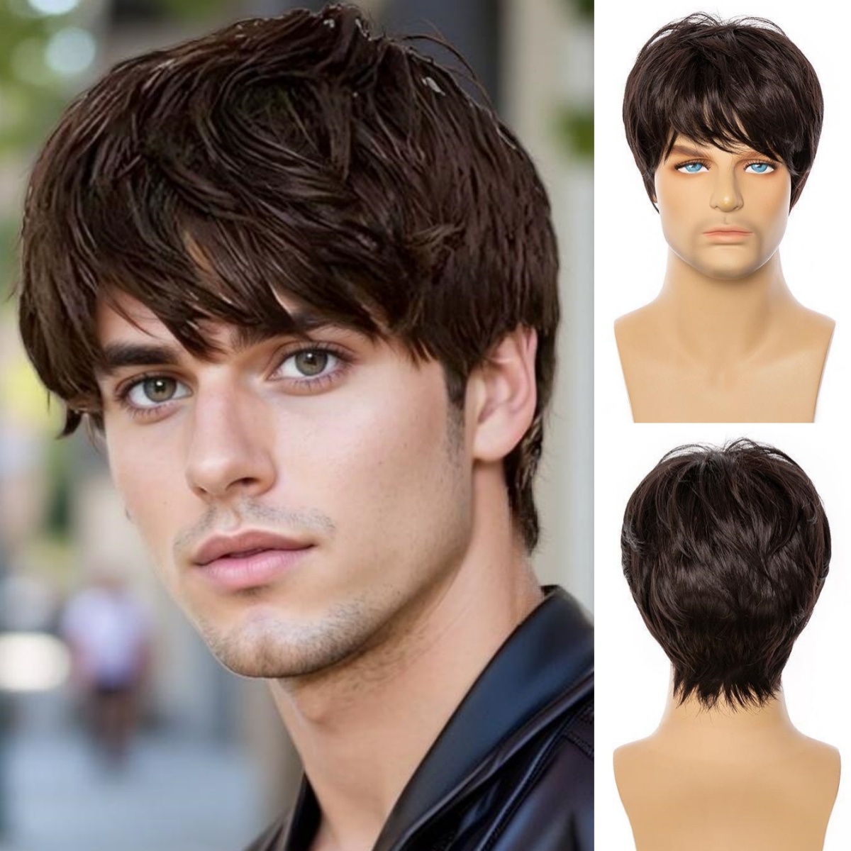 Men’s Full Head Wig, Natural Brown Hair Patch with Bangs – Short Stylish Wig for Men with Rose Net Cap, Realistic Look & Secure Comfortable Fit for Daily Wear, Travel, Parties, and Special Occasions